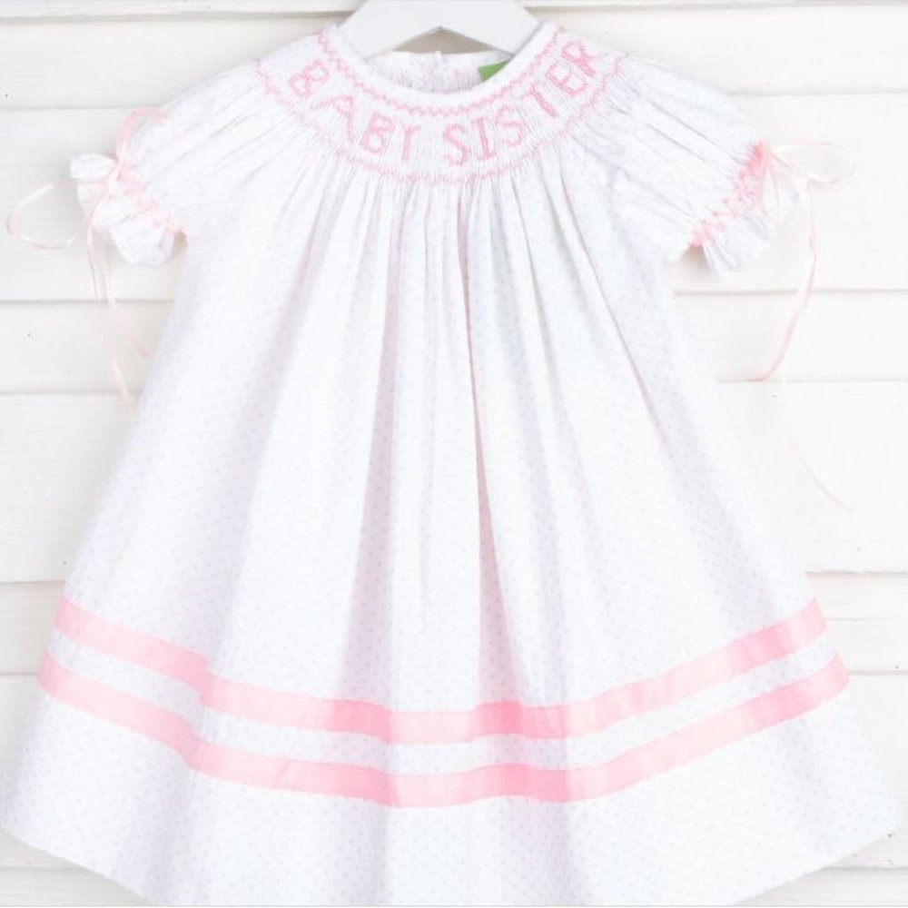 Smocked Baby Sister with Bows Bishop Pink Polka Dot Dress